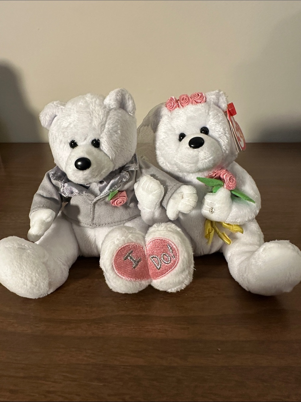 Vtg Ty Beanie Baby Plush 'I Do' Wedding Bears with Pink Accents